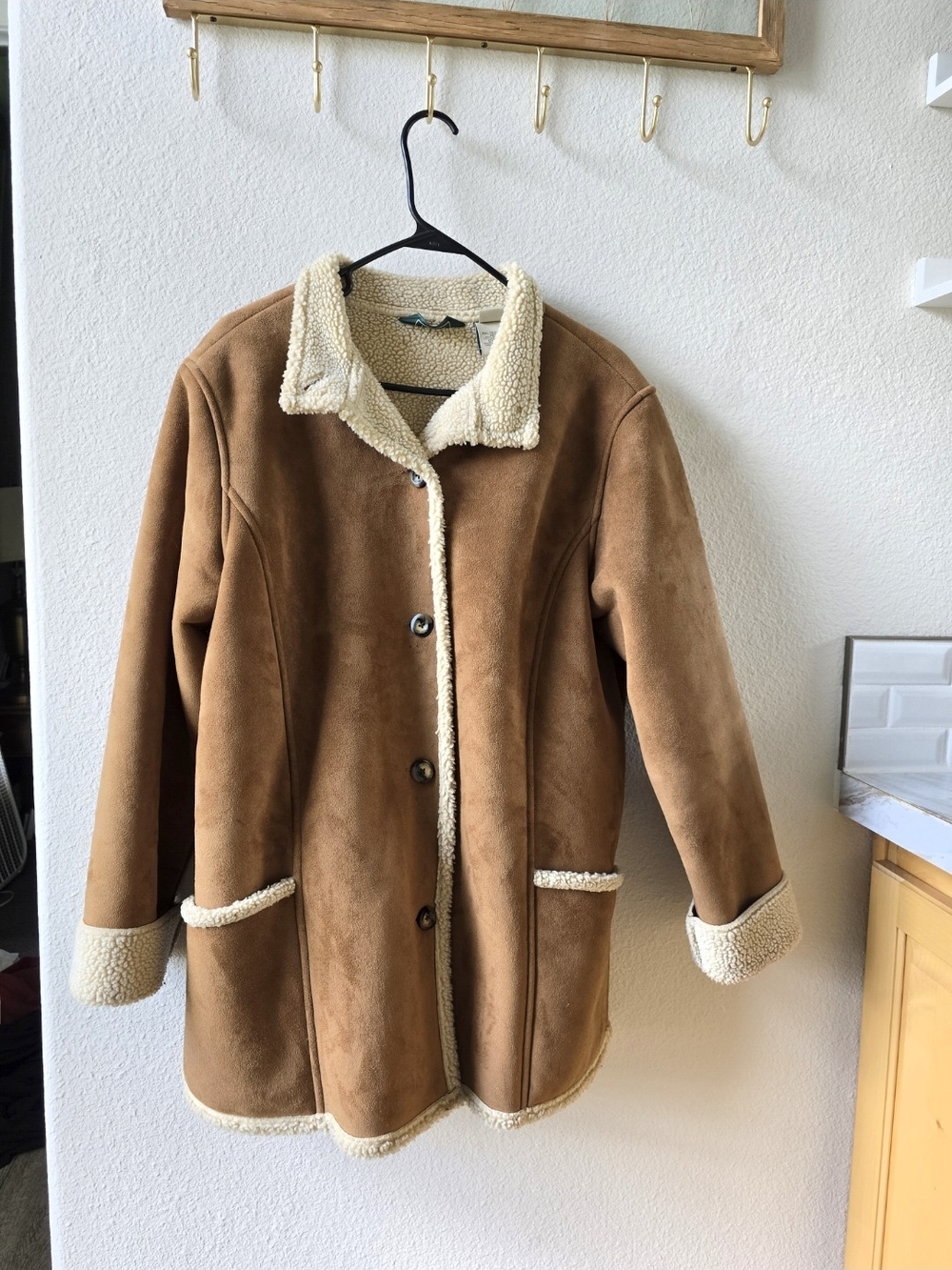 L.L. Bean Tan Faux Suede Teddy Jacket with Cream Sherpa Trim